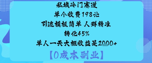 私域冷门赛道:单个收费198米引流模板简单人群精准转化45%单人一天大概收益是1k+| 副业网