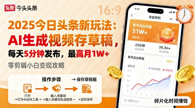 2025年今日头条躺賺新玩法，AI生成视频存草稿，每天5分钟发布，最高月1W+【揭秘】| 网创圈