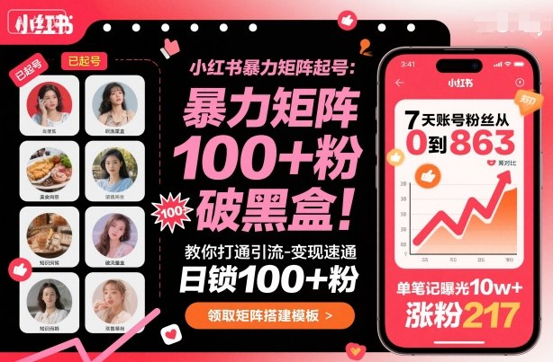 小红书暴力矩阵起号，教你打通引流-变现速通，日锁100+粉，破流量黑盒| 副业网
