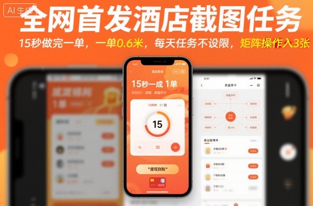 全网首发酒店截图任务，15秒做完一单，一单0.6米，每天任务不设限，矩阵操作日入3张【揭秘】| 副业网
