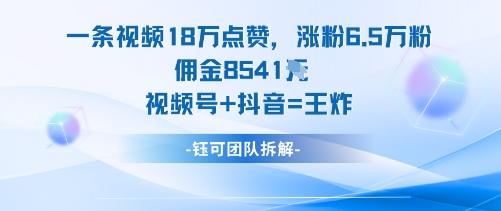 一条视频18W点赞，涨粉6.5W粉佣金8541米，视频号+抖音=王炸| 副业网