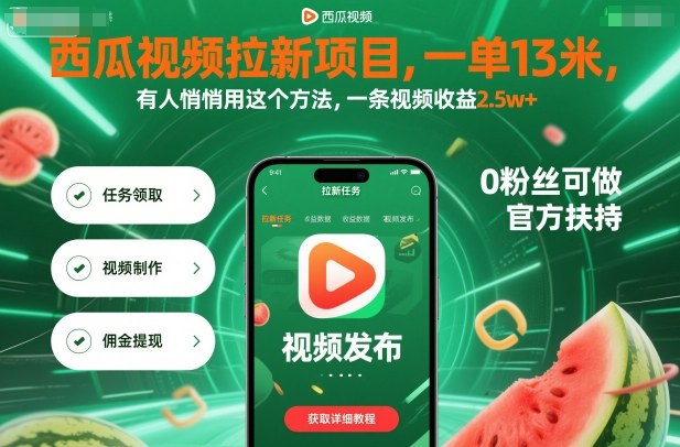 西瓜视频拉新项目，一单13米，有人悄悄用这个方法，一条视频收益2.5w+(附详细教程)| 副业网