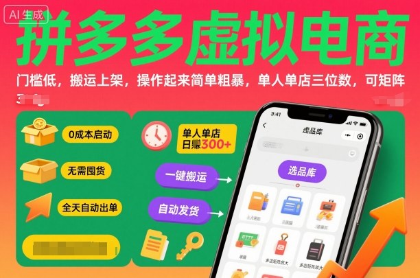 拼多多虚拟电商，门槛低，搬运上架，操作起来简单粗暴，单人单店三位数，可矩阵| 副业网