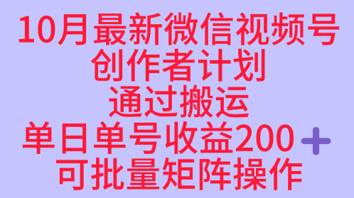 10月最新视频号收益最大化赛道长久稳定红利项目，单日单号收益2张+可批量矩阵操作| 副业网