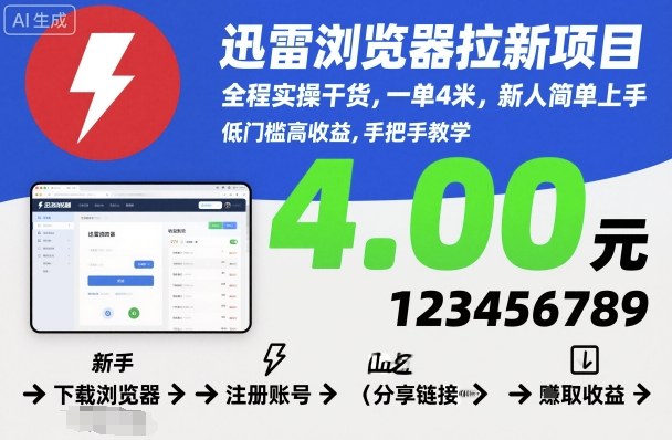 迅雷浏览器拉新项目，全程实操干货，一单4米，新人简单上手| 副业网