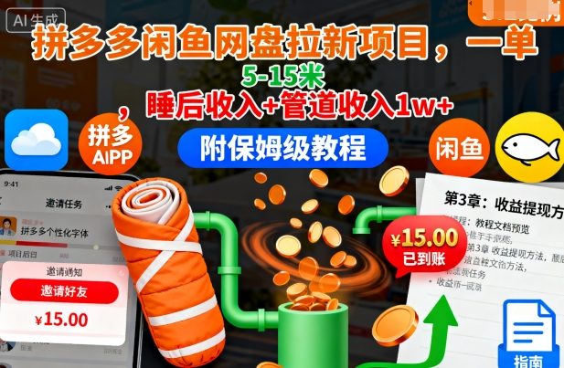 拼多多闲鱼网盘拉新项目，一单5-15米，睡后收入+管道收入1w+(附保姆级教程)| 副业网