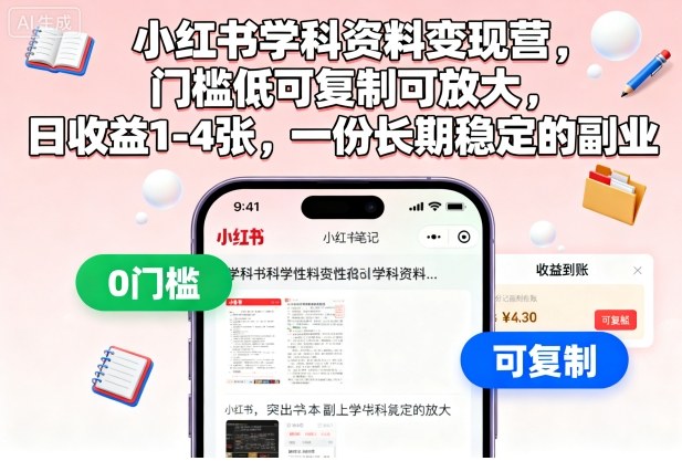 小红书学科资料变现营，门槛低可复制可放大，日收益1-4张，一份长期稳定的副业| 副业网