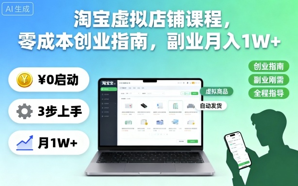 淘宝虚拟店铺课程，零成本创业指南，副业月入1W+| 副业网