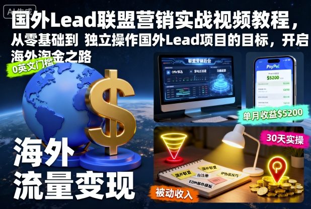 国外Lead联盟营销实战视频教程，从零基础到独立操作国外Lead项目的目标，开启海外淘金之路| 副业网