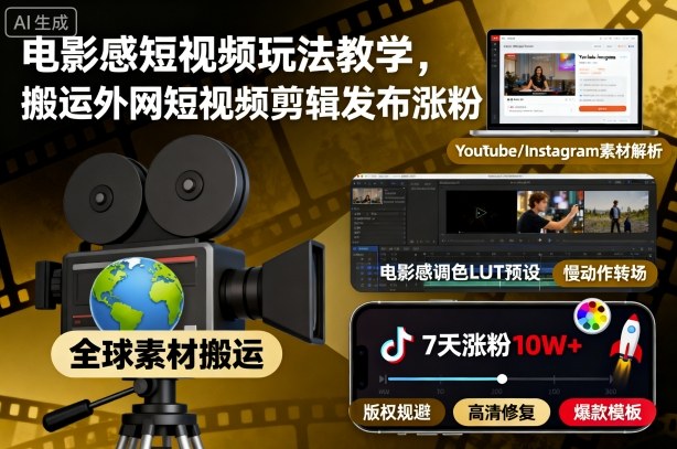 电影感短视频玩法教学，搬运外网短视频剪辑发布涨粉| 副业网