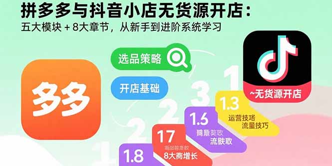 拼多多与抖音小店无货源开店：五大模块+8大章节，从新手到进阶系统学习| 副业网