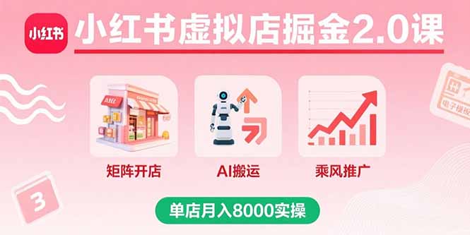 小红书虚拟店掘金2.0课，矩阵开店+AI搬运+乘风推广，单店月入8000实操| 副业网