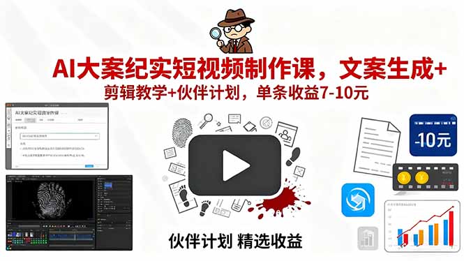 AI大案纪实短视频制作课，文案生成+剪辑教学+伙伴计划，单条收益7-10元| 副业网