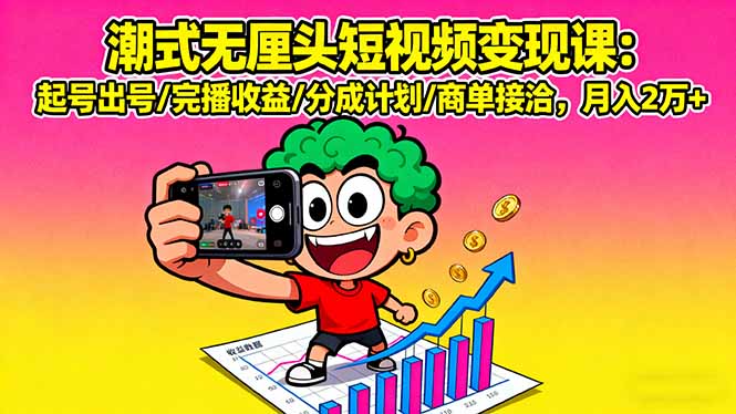 潮式无厘头短视频变现课：起号出号/完播收益/分成计划/商单接洽，月入2万+| 网创圈