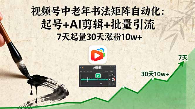 视频号中老年书法矩阵自动化：起号+AI剪辑+批量引流 7天起量30天涨粉10w+| 副业网