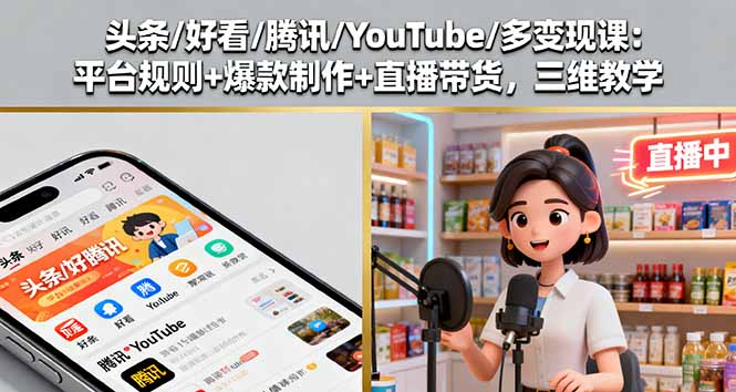 头条/好看/腾讯/YouTube/多变现课：平台规则+爆款制作+直播带货，三维教学| 网创圈