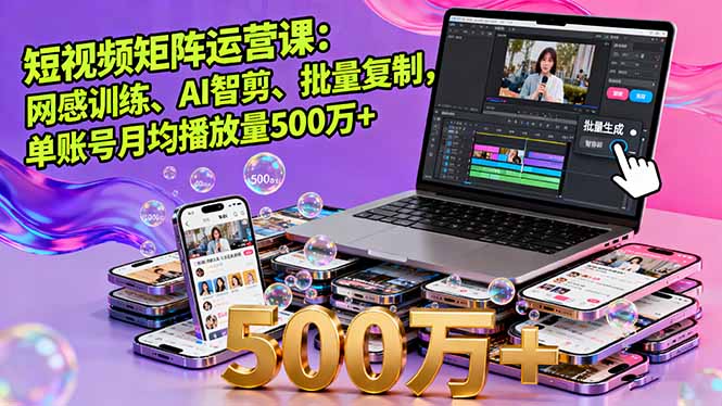 短视频矩阵运营课：网感训练、AI智剪、批量复制，单账号月均播放量500万+| 网创圈
