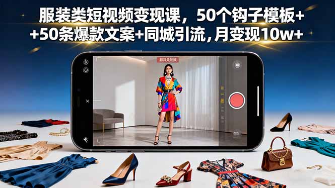 服装类短视频变现课，50个钩子模板+50条爆款文案+同城引流，月变现10w+| 副业网