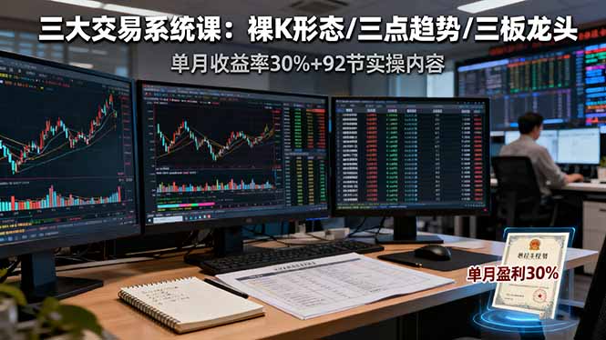 三大交易系统课：裸K形态/三点趋势/三板体系，单月收益率30%+92节实操内容| 网创圈
