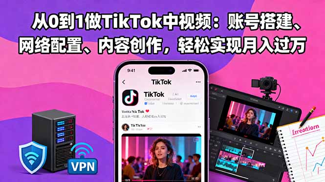 从0到1做TikTok中视频：账号搭建、网络配置、内容创作，轻松实现月入过万| 副业网