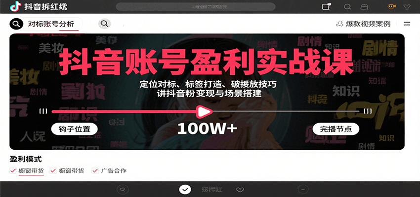 抖音账号盈利实战课，定位对标、标签打造、破播放技巧，讲涨粉变现与场景搭建| 副业网