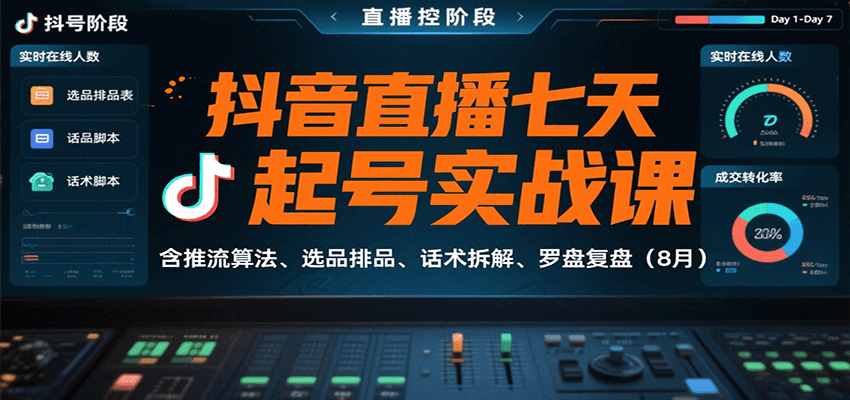 抖音直播七天起号实战课：含推流算法、选品排品、话术拆解、罗盘复盘(8月)| 副业网
