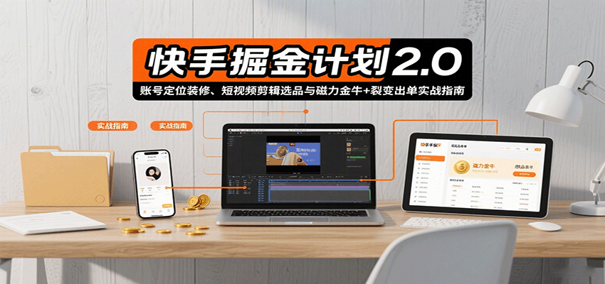 快手掘金计划2.0，账号定位装修、短视频剪辑选品与磁力金牛+裂变出单实战指南| 副业网