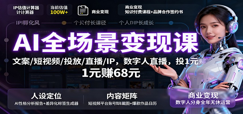 AI全场景变现课：文案/短视频/投放/直播/IP，数字人直播，投1元赚68元| 副业网