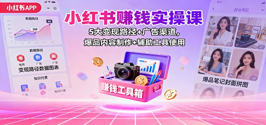 小红书赚钱实操课：5大变现路径+广告渠道，爆品内容制作+辅助工具使用| 副业网