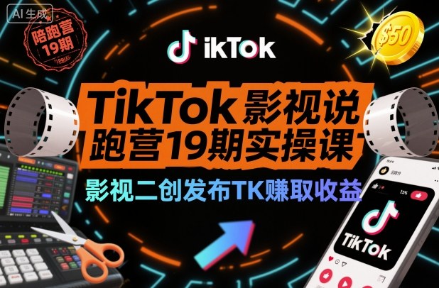 TikTok影视解说陪跑营19期实操课，影视二创发布TK賺取收益，万播收益50美金| 副业网