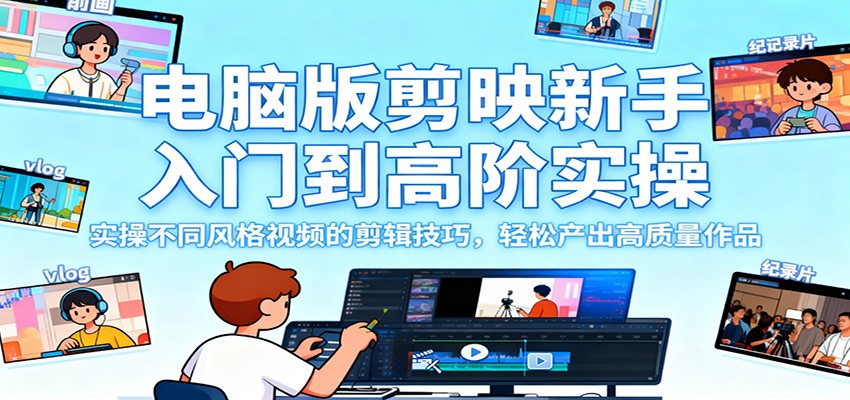 电脑版剪映新手入门到高阶实操，实操不同风格视频的剪辑技巧，轻松产出高质量作品| 副业网