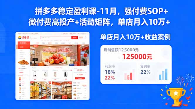 拼多多稳定盈利课-11月，强付费SOP+微付费高投产+活动矩阵，单店月入10w+| 副业网