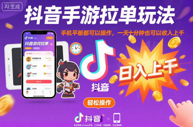 抖音手游拉单玩法，手机平板都可以操作，一天十分钟也可以收入上K【揭秘】| 副业网