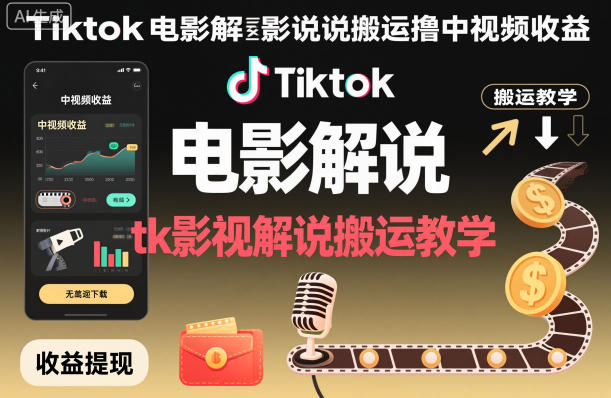 Tiktok电影解说搬运撸中视频收益，tk影视解说搬运教学| 副业网