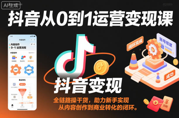 抖音从0到1运营变现课，全链路实操干货，助力新手实现从内容创作到商业转化的闭环| 网创圈