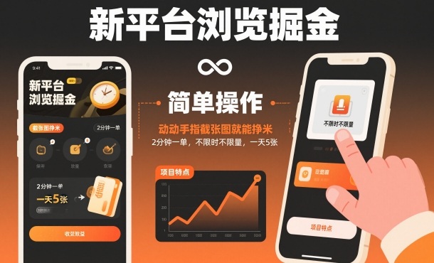 新平台浏览掘金，动动手指截张图就能挣米，2分钟一单，不限时不限量，一天5张【揭秘】| 副业网
