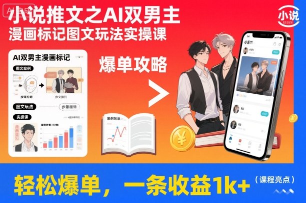 小说推文之AI双男主漫画标记图文玩法实操课，轻松爆单，一条收益1k+| 副业网