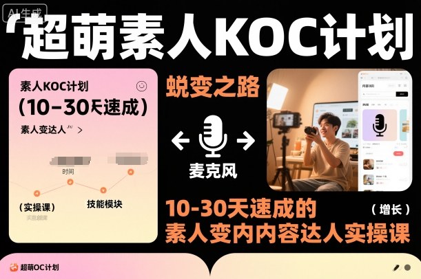 超萌素人KOC计划，10-30天速成的素人变内容达人实操课，适合想做短剧小说推文电商推广的素人入局| 网创圈