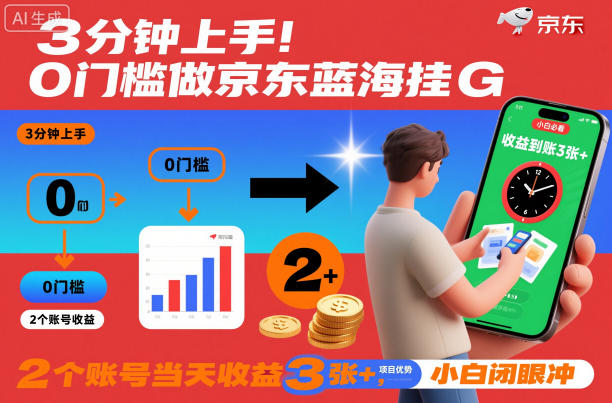 3分钟上手！0门槛做京东蓝海全自动掘金，2个账号当天收益3张+，小白闭眼冲【揭秘】| 网创圈