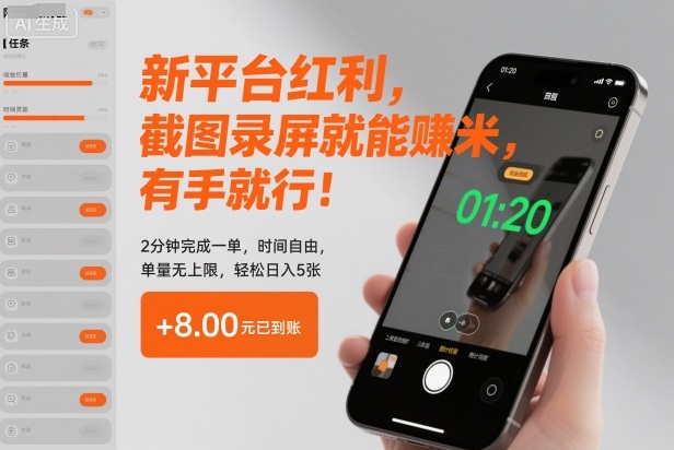 新平台红利，截图录屏就能賺米，有手就行！2分钟完成一单，时间自由，单量无上限，轻松日入5张【揭秘】| 副业网