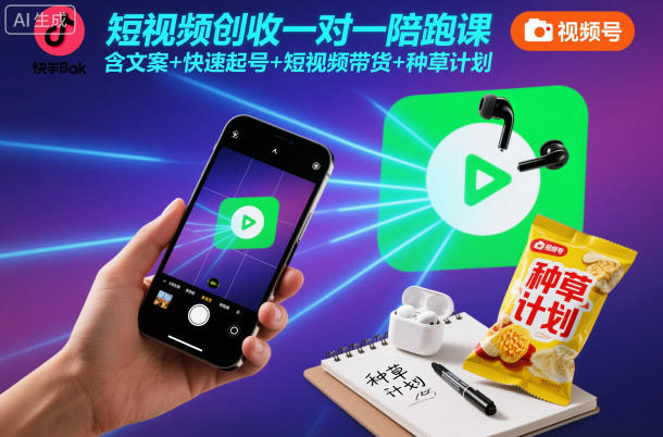 短视频创收一对一陪跑课，含文案+快速起号+短视频带货+种草计划| 副业网