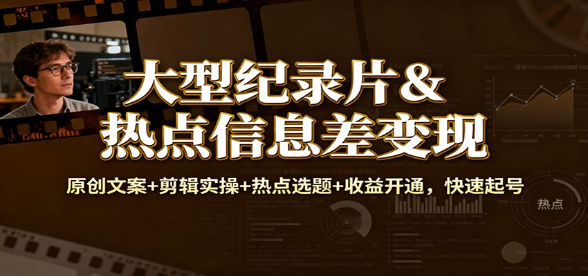 大型纪录片&热点信息差变现：原创文案+剪辑实操+热点选题+收益开通，快速起号| 副业网