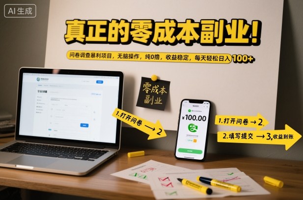 真正的零成本副业！问卷调查暴利项目，无脑操作，纯0撸，收益稳定，每天轻松日入100+【揭秘】| 副业网