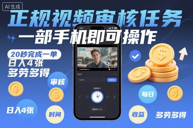 正规视频审核任务，一部手机即可操作，20秒完成一单，日入4张，多劳多得【揭秘】| 副业网