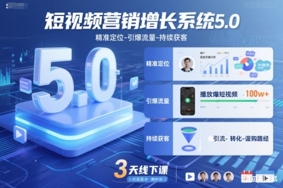 短视频营销增长系统5.0，精准定位-引爆流量-持续获客，3天线下课(音频+图片)| 副业网