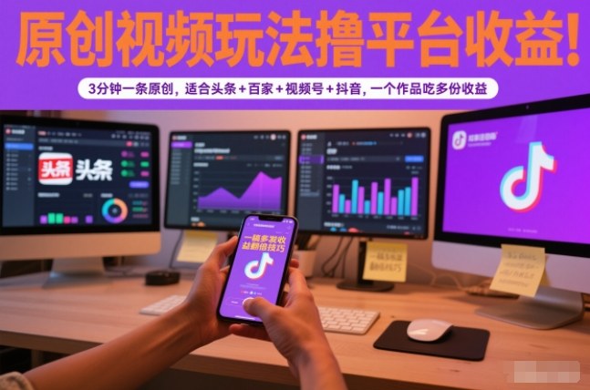 原创视频玩法撸平台收益，3分钟一条原创，适合头条+百家+视频号+抖音，一个作品吃多份收益| 副业网