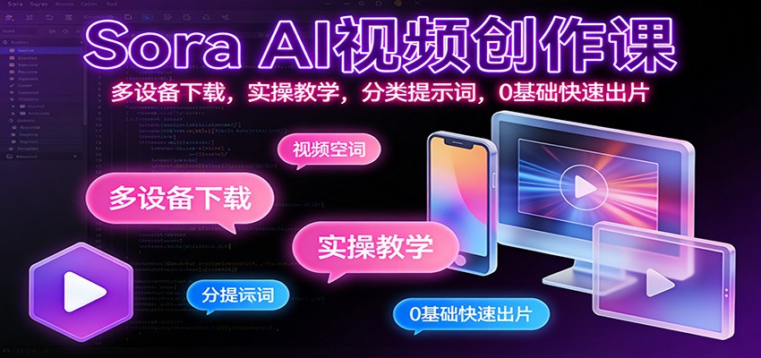 Sora AI视频创作课：多设备下载，实操教学，分类提示词，0基础快速出片| 网创圈