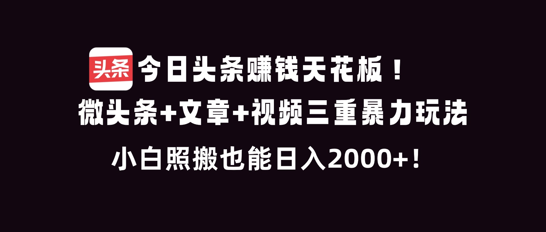 今日头条赚钱天花板！微头条+文章+视频三重暴利玩法，小白照搬也能日人2000+| 副业网