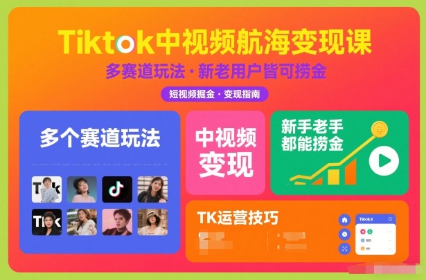 Tiktok中视频航海变现课，多个赛道玩法，新手老手都能在TK中视频捞金| 副业网