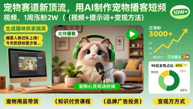 宠物赛道新顶流，用AI制作宠物播客短视频，1周涨粉2W(视频+提示词+变现方法)| 副业网